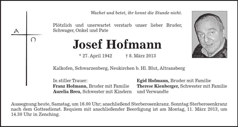 Traueranzeige Josef Hofmann