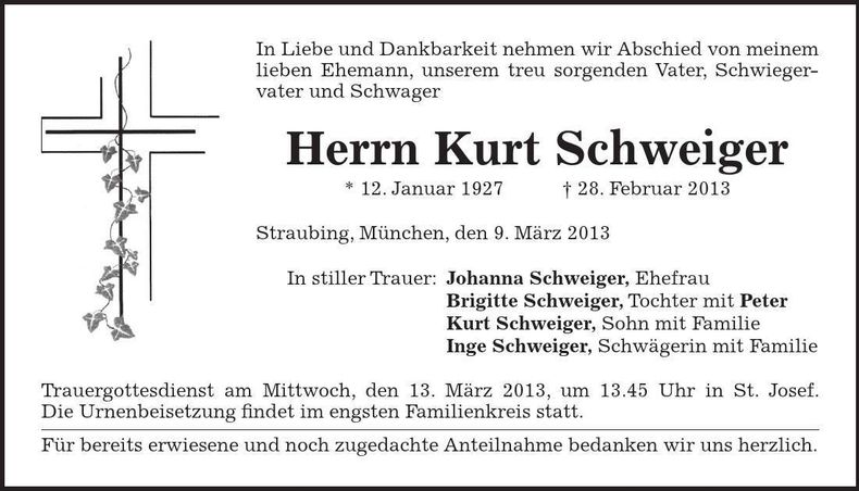 Traueranzeige Kurt Schweiger