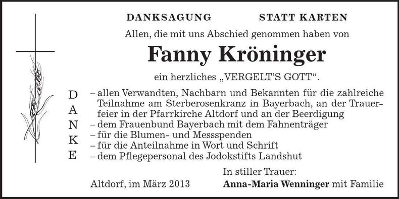 Traueranzeige Fanny Kröninger