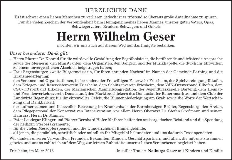 Traueranzeige Wilhelm Geser