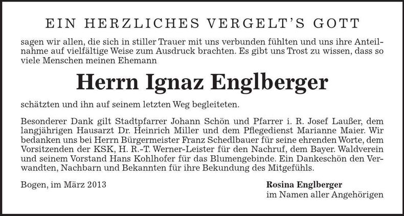 Traueranzeige Ignaz Englberger