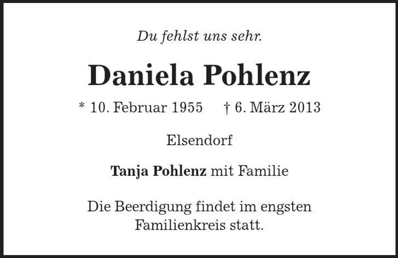 Traueranzeige Daniela Pohlenz