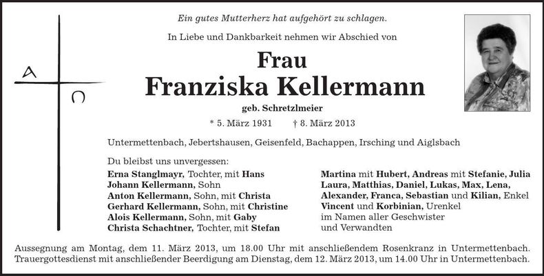 Traueranzeige Franziska Kellermann