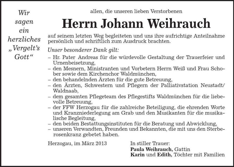 Traueranzeige Johann Weihrauch