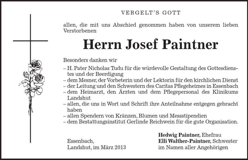 Traueranzeige Josef Paintner