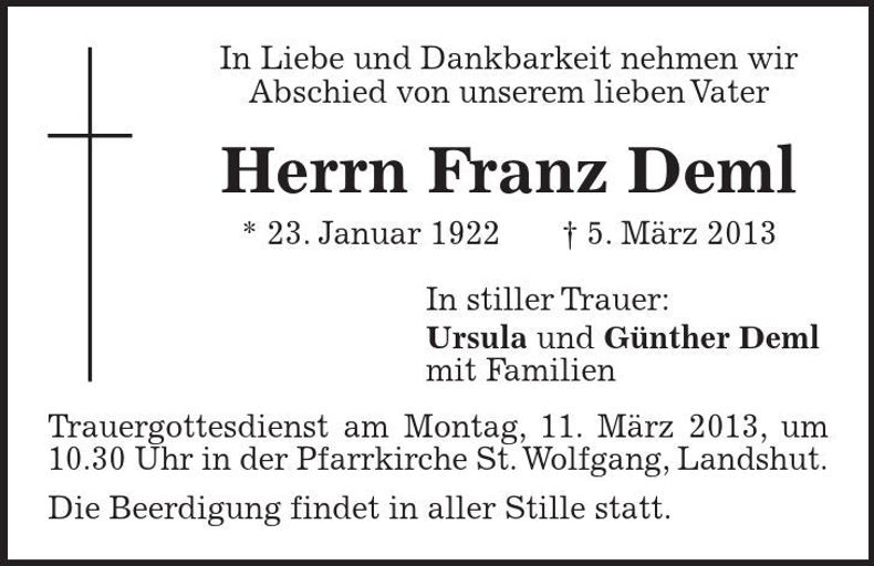 Traueranzeige Franz Deml
