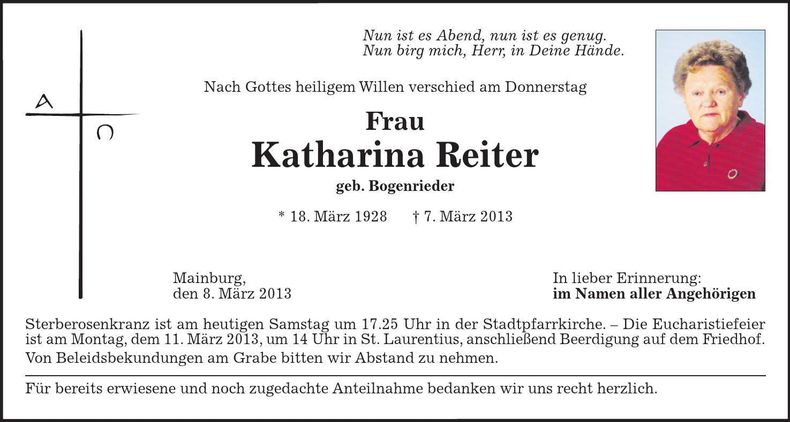 Traueranzeige Reiter Katharina