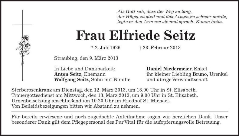 Traueranzeige Elfriede Seitz