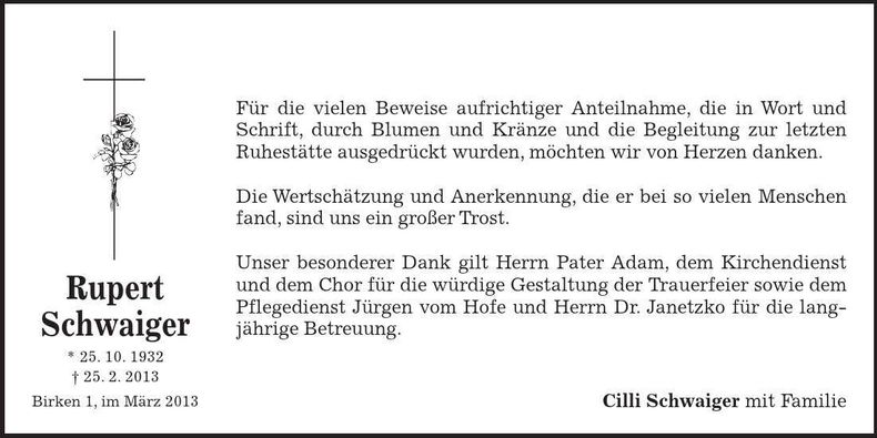 Traueranzeige Rupert Schwaiger
