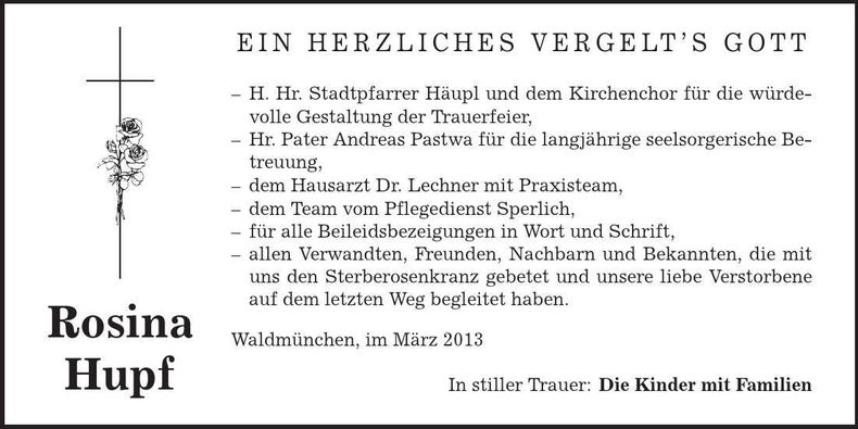 Traueranzeige Rosina Hupf