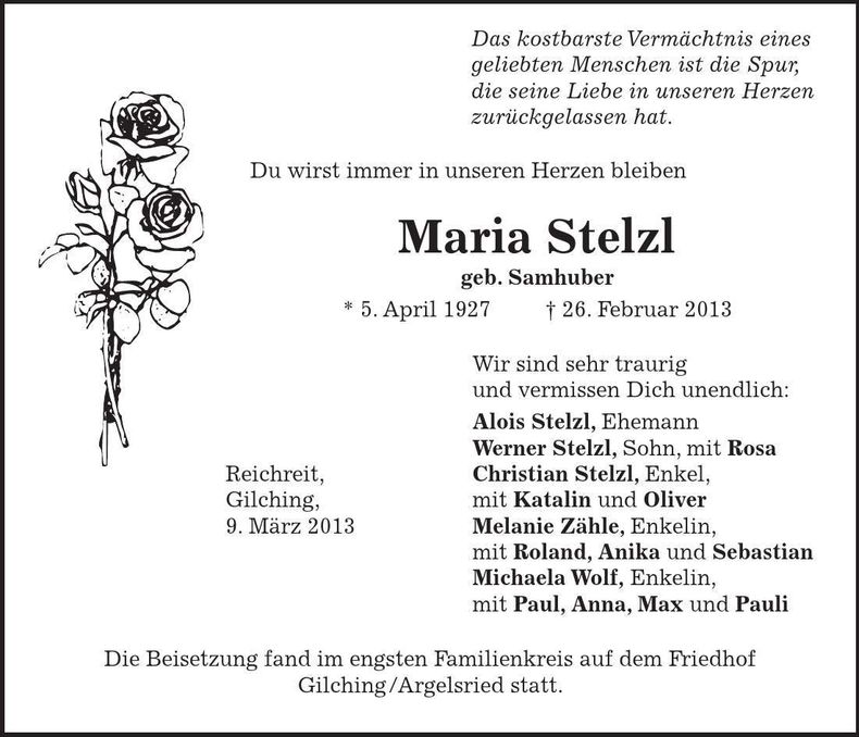 Traueranzeige Maria Stelzl