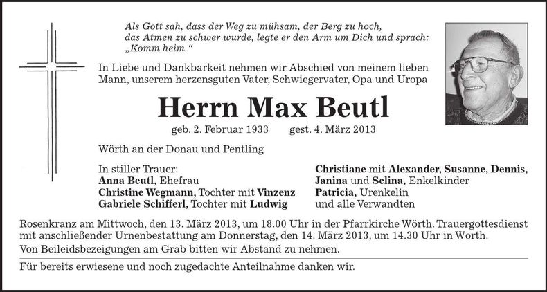 Traueranzeige Max Beutl