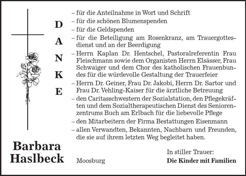Traueranzeige Barbara Haslbeck