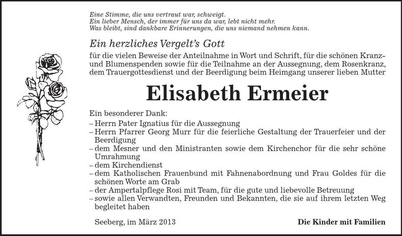 Traueranzeige Elisabeth Ermeier
