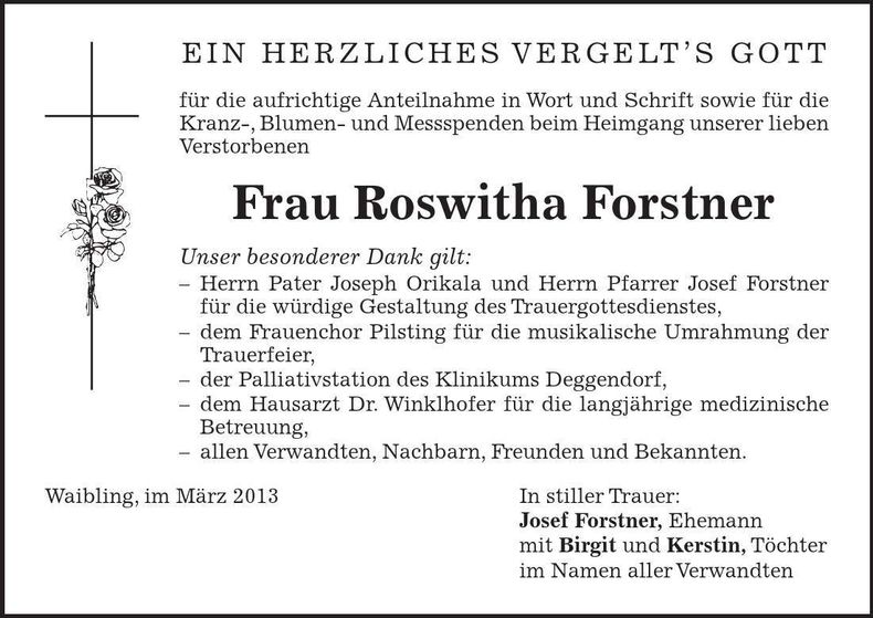 Traueranzeige Roswitha Forstner