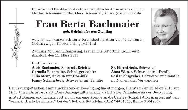 Traueranzeige Berta Bachmaier