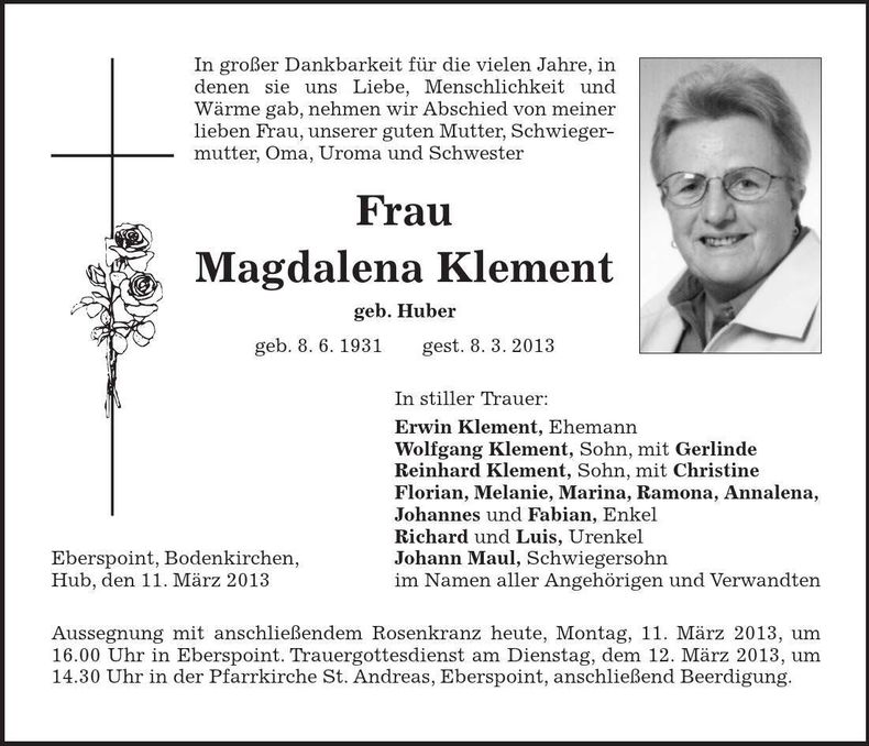 Traueranzeige Magdalena Klement