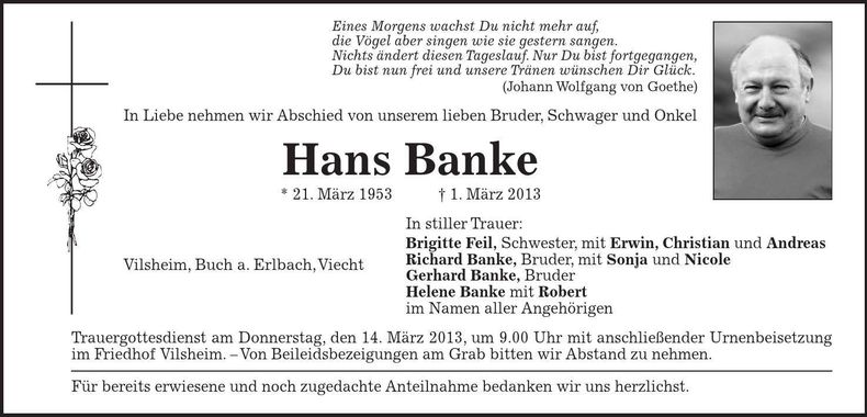 Traueranzeige Hans Banke