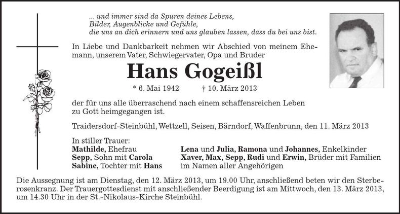 Traueranzeige Hans Gogeißl