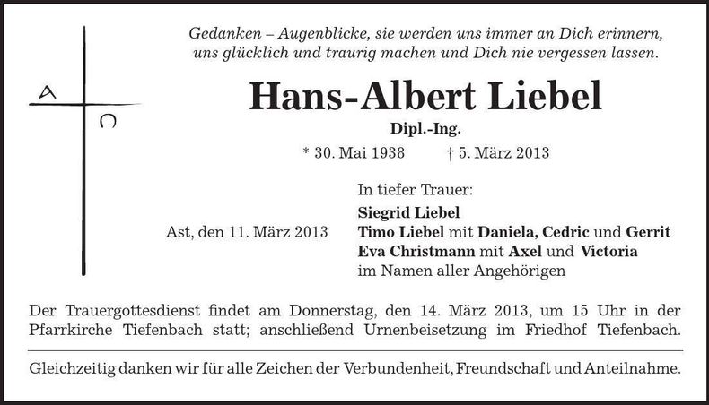 Traueranzeige Hans-Albert Liebel
