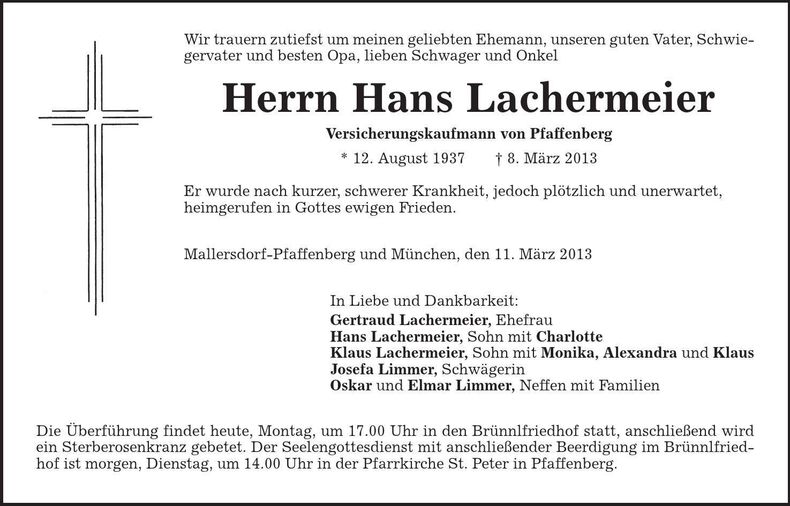 Traueranzeige Hans Lachermeier