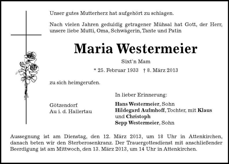 Traueranzeige Maria Westermeier