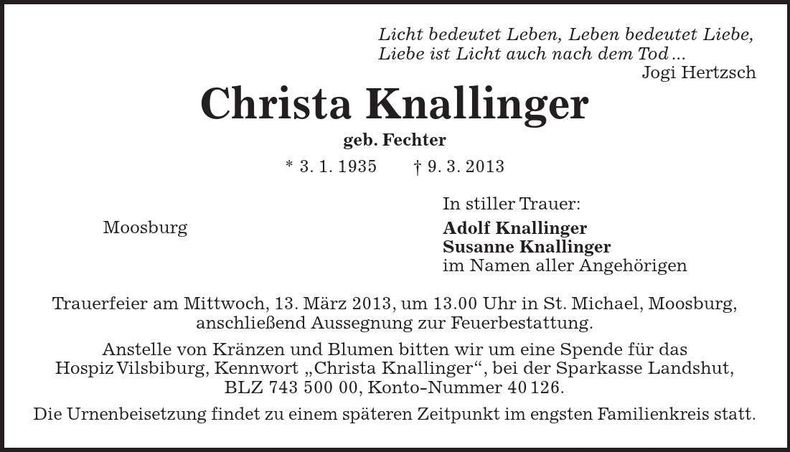 Traueranzeige Christa Knallinger