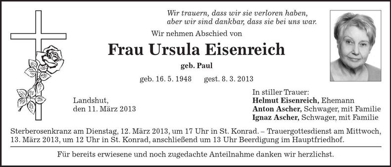 Traueranzeige Ursula Eisenreich