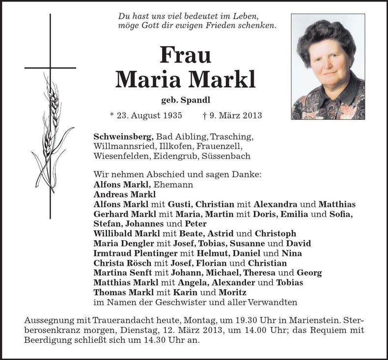 Traueranzeige Maria Markl