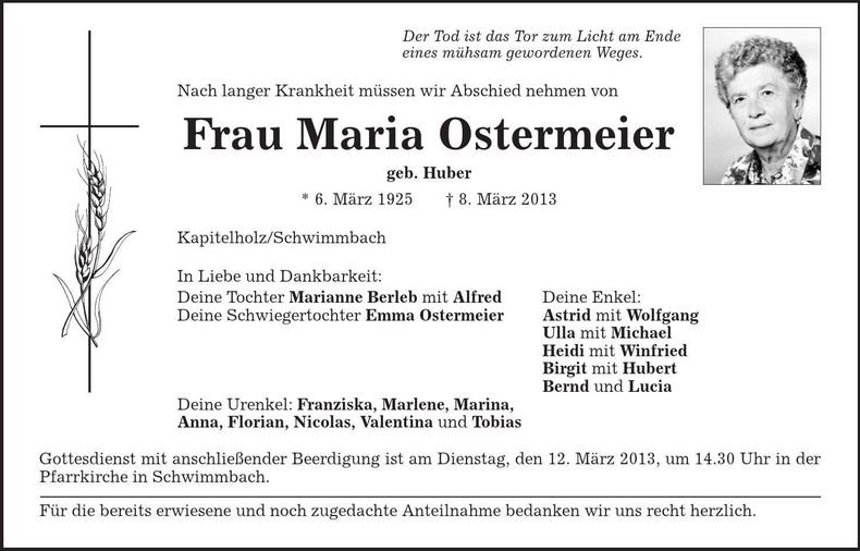 Traueranzeige Maria Ostermeier