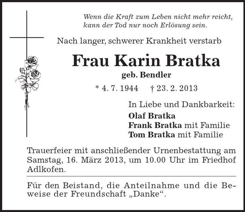 Traueranzeige Karin Bratka