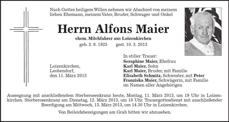 Traueranzeige Alfons Maier