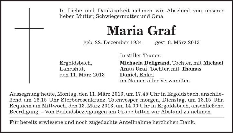 Traueranzeige Maria Graf