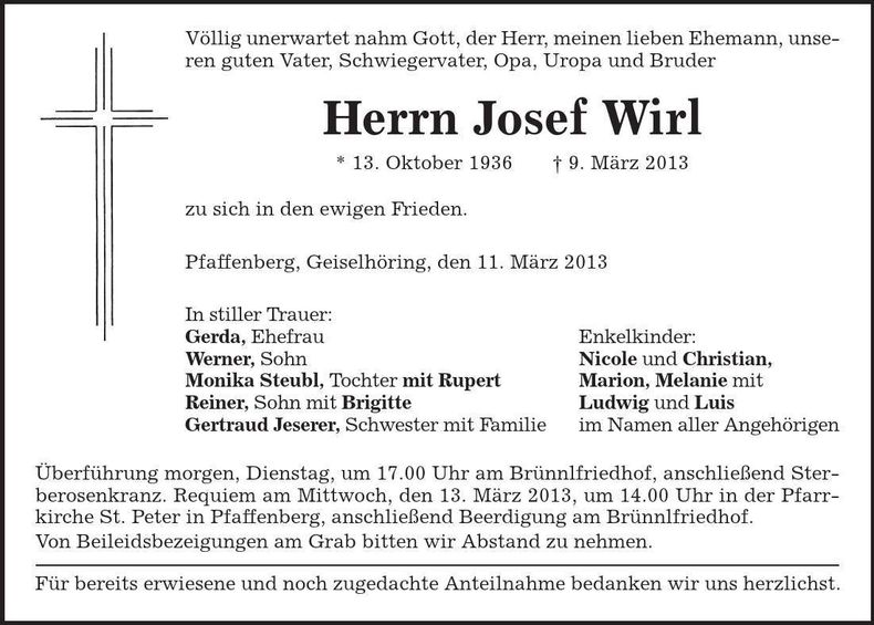 Traueranzeige Josef Wirl