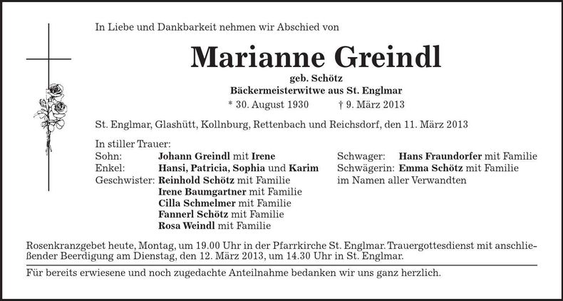 Traueranzeige Marianne Greindl