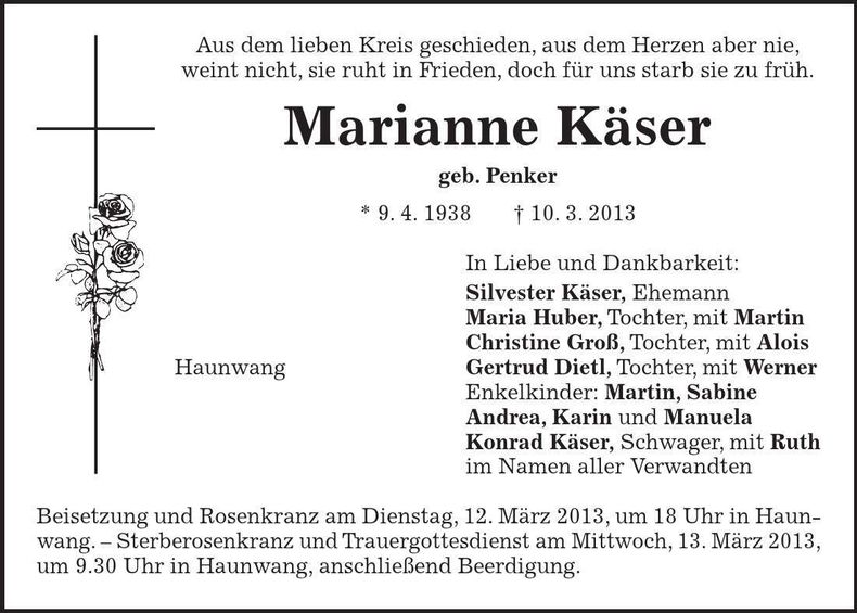 Traueranzeige Marianne Käser