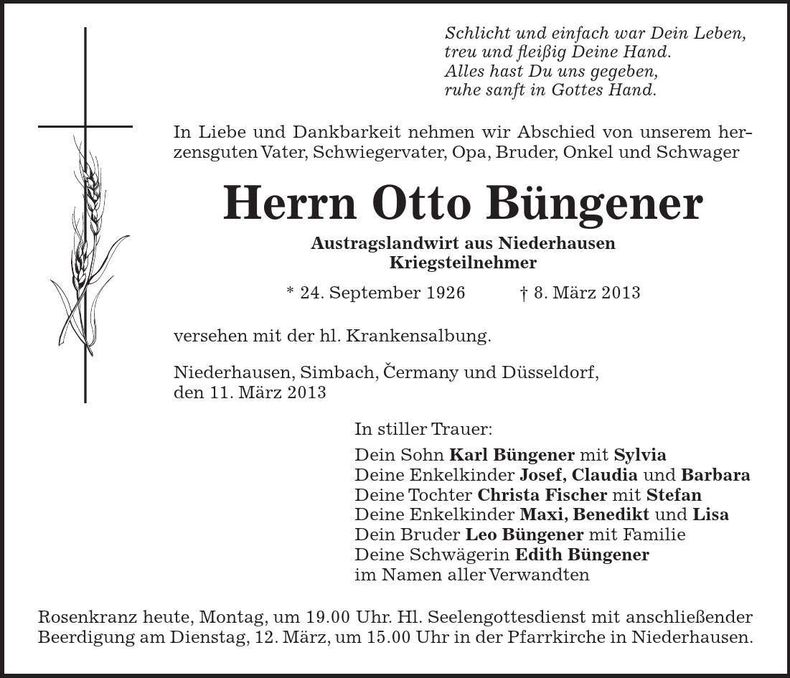Traueranzeige Otto Büngener