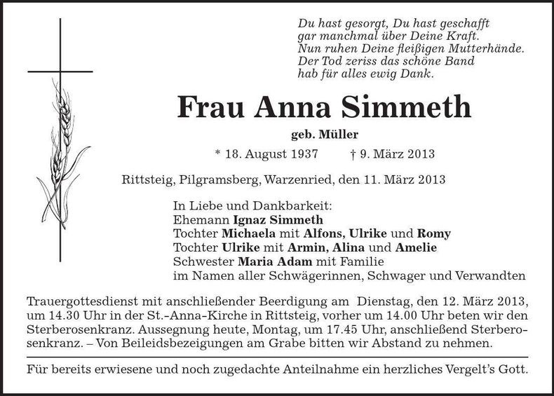 Traueranzeige Anna Simeth