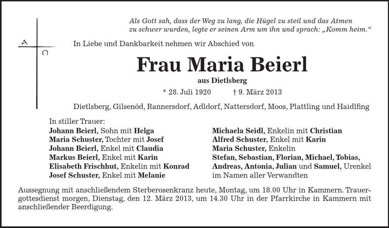 Traueranzeige Maria Beierl