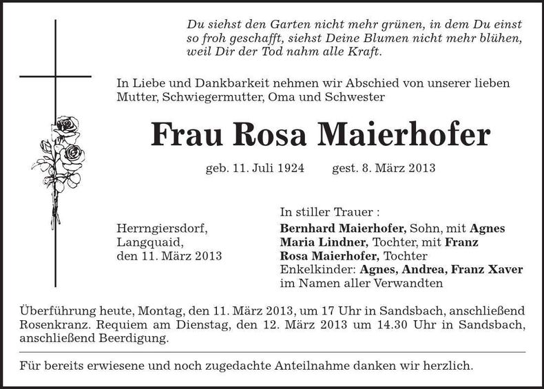 Traueranzeige Rosa Maierhofer