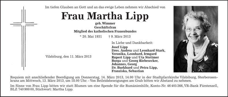 Traueranzeige Martha Lipp