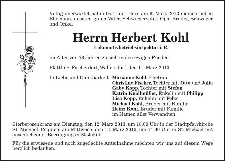 Traueranzeige Herbert Kohl