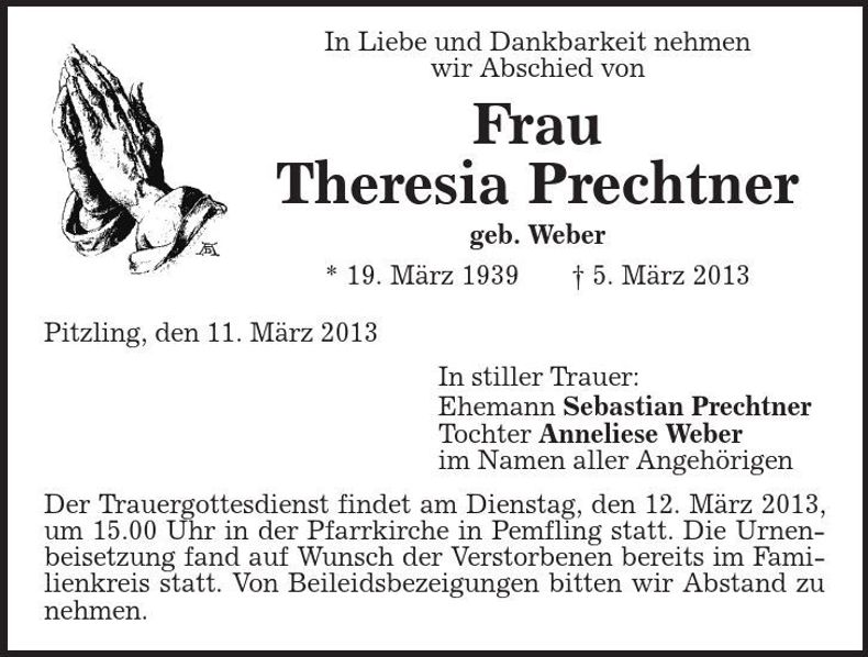 Traueranzeige Theresia Prechtner