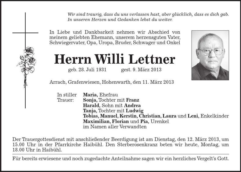 Traueranzeige Willi Lettner