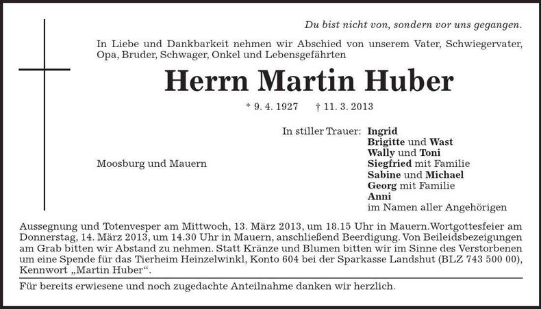 Traueranzeige Martin Huber