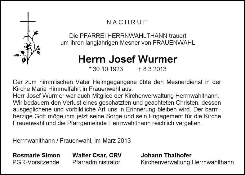 Traueranzeige Josef Wurmer