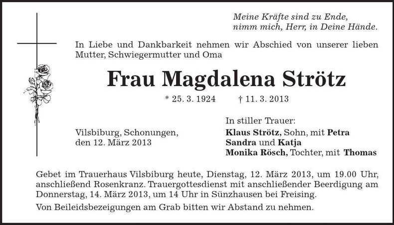Traueranzeige Magdalena Strötz