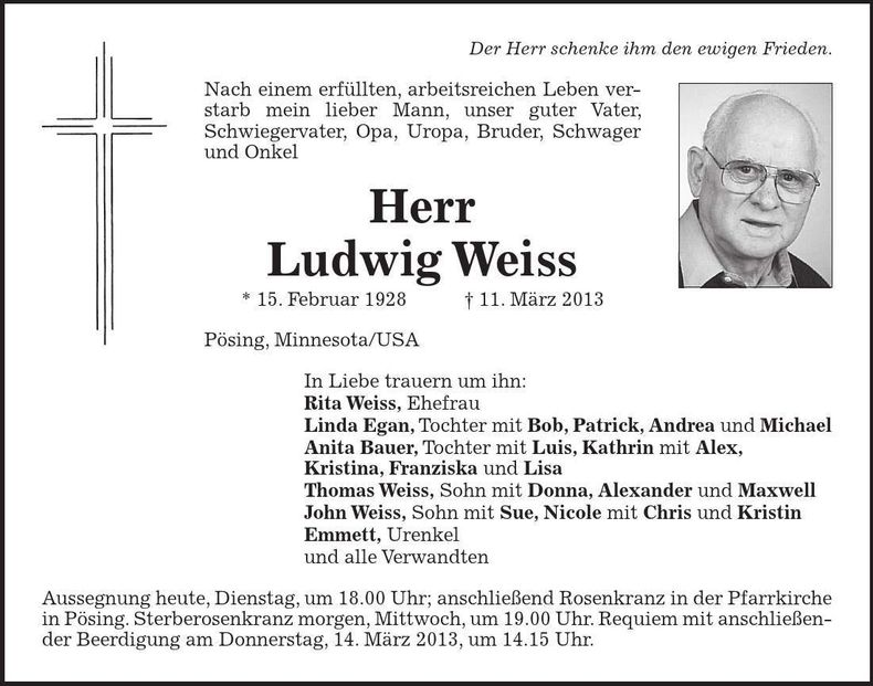 Traueranzeige Ludwig Weiss