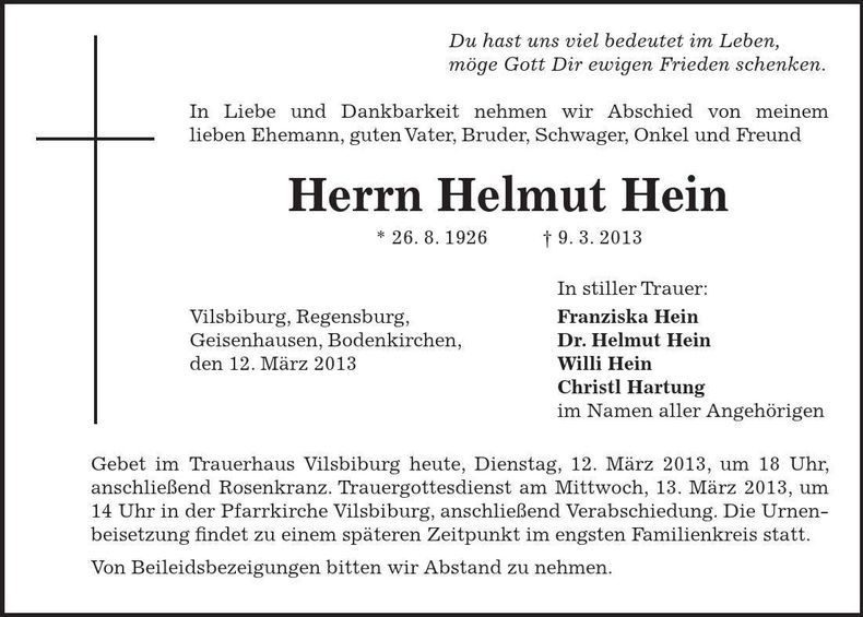 Traueranzeige Helmut Hein