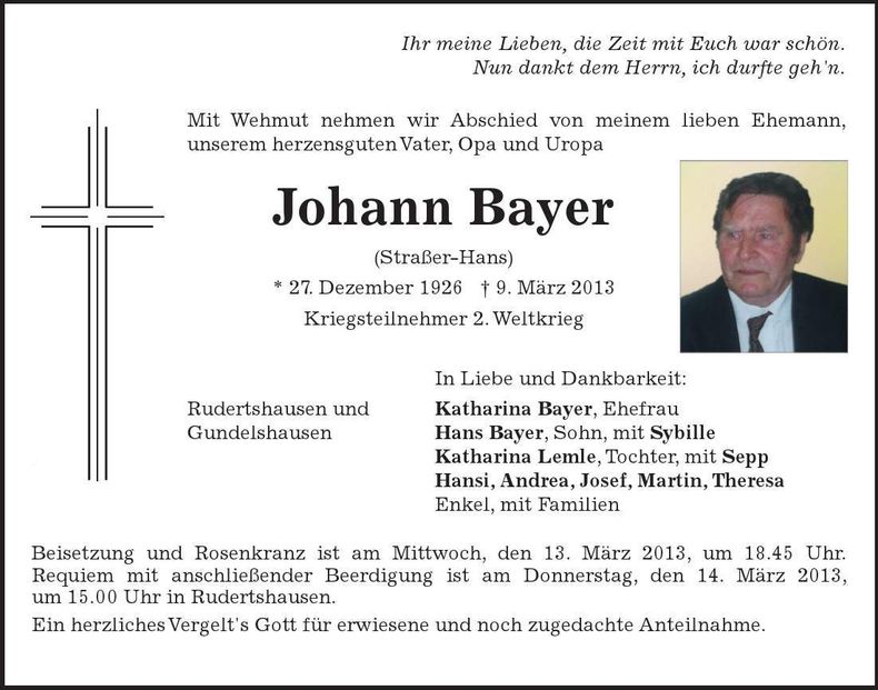 Traueranzeige Johann Bayer